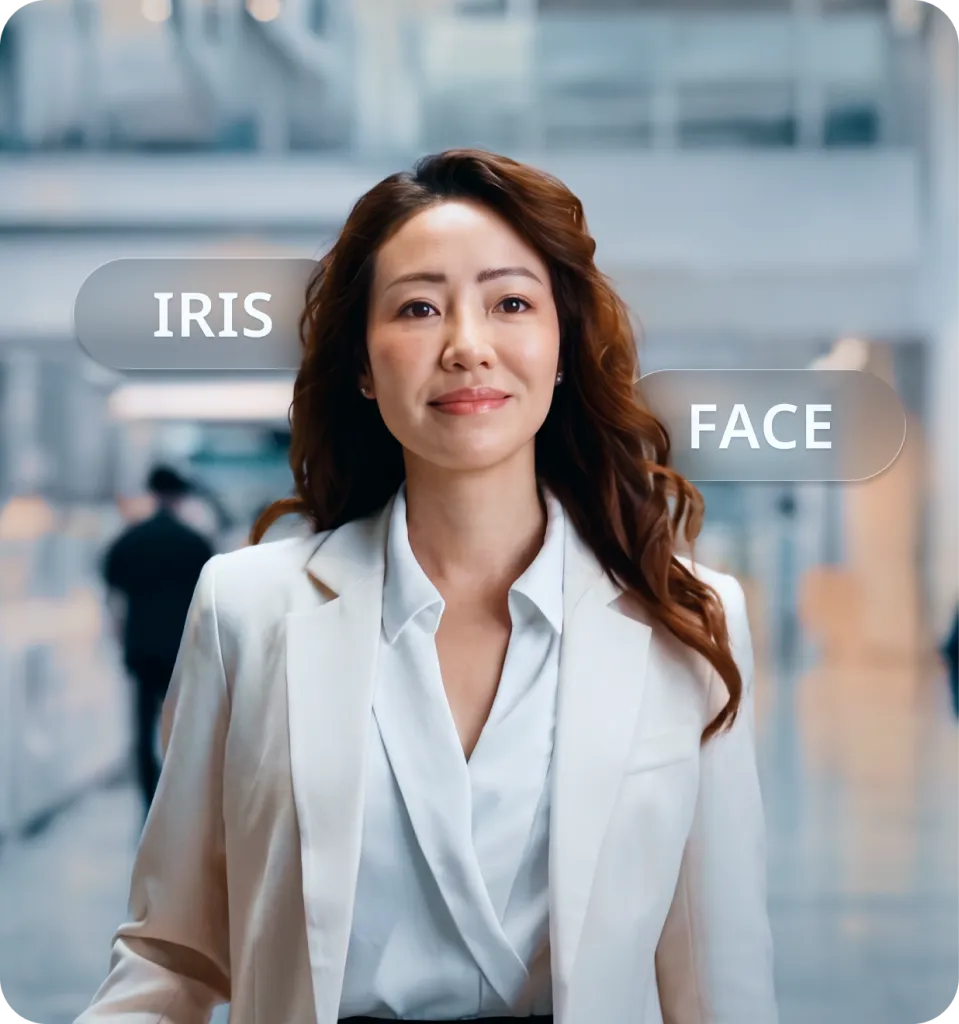 Professional woman with IRIS and FACE biometric scan labels