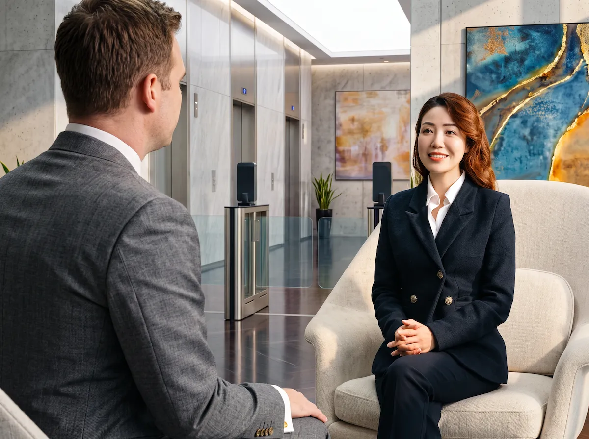 Two professionals talking in a modern lobby